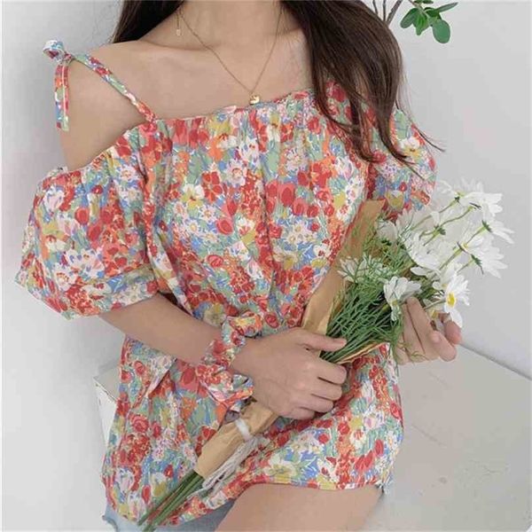 Prairie Style épaules dénudées à lacets Sexy imprimé doux Femme doux tout Match bal Floral ample Chic Blouses 210525