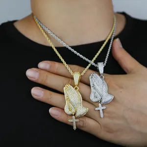 bid hand kruis hanger Ketting met touw ketting Hoge Kwaliteit vrouwen mannen jongen Iced Out volledige verharde Zirconia hiphop Mode cadeau Sieraden