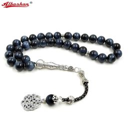 Perles de prière Lac naturel Blue Tiger Eye Tasbih Silver Silver Silver Muslim Misbaha Accessoires Bracelet Turc Jewelry 240412