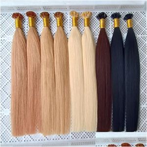 Pre-bonded hairextensions Fusion Italian Keratin Flat Tip Extension Remy Real Human 14-26 Inch Zijdeachtig Recht Donkerbruin Zwart Blon Dhp5I