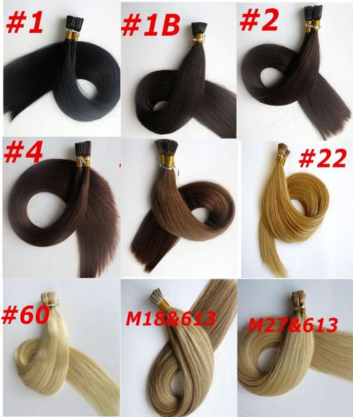 Pré-collé I Tip extensions brésiliennes de cheveux humains 100g 100 Strands 18 20 22 24inch Produits de cheveux indiens droits plus couleurs 2641450