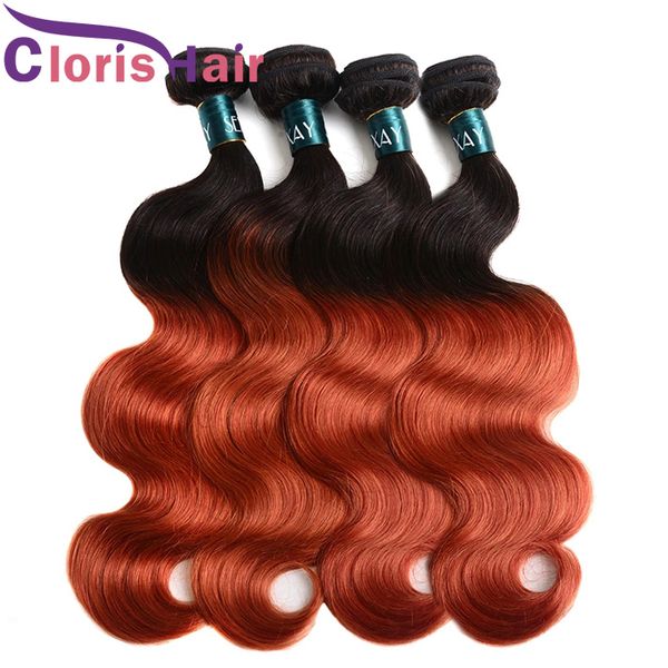 Bundles de tissage de cheveux humains de vague de corps pré-colorés Extensions d'ombre vierge brésilienne orange brûlée 3pcs deux tons 1B 350 Tissage ondulé sans enchevêtrement