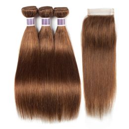 Pre-gekleurde Braziliaanse Virgin Hair # 30 Medium Auburn 3 Bundels met 4x4 Kantsluiting Zijdeachtig recht menselijk haar Weeft gekleurde haarextensies