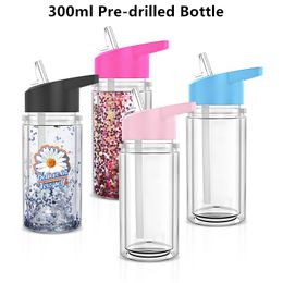 Vaso de plástico para niños con globo de nieve preperforado de 10 oz, vaso acrílico de doble pared para niños, botella de agua deportiva con purpurina DIY con tapón para orificio