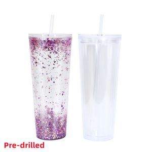 Gobelets en acrylique pré-percés de 24 oz avec couvercle et pailles Gobelet à boule à neige Gobelets en plastique transparent à double paroi avec trou et bouchon pour le bricolage