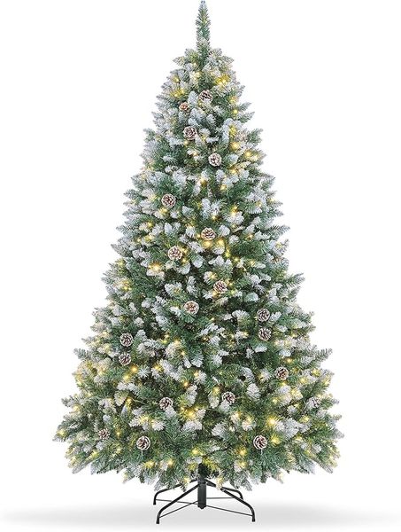 Sapin de Noël artificiel de 6 pieds illuminé avec lumières, pommes de pin, flocage avec 270 lumières LED blanc chaud, 810 pointes de branches en PVC, décorations de fête