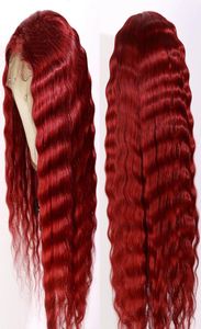 Perruque Lace Front Wig Remy brésilienne naturelle, cheveux longs et Deep Wave, couleur rouge, 13x4, avec Baby Hair, Transparent, Lace4147650