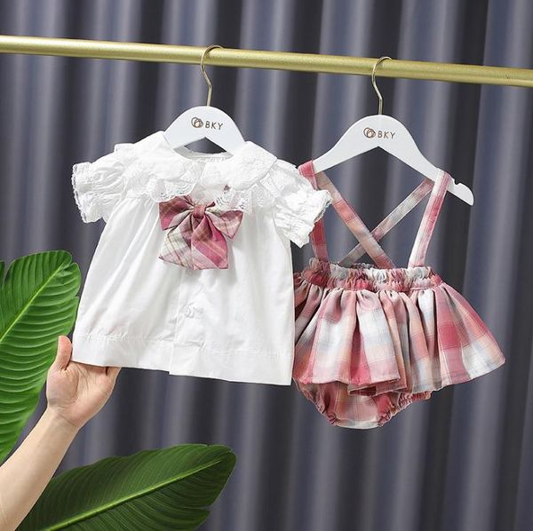 Preventa Ropa de princesa para niñas de verano Conjuntos para niños trajes a cuadros camisa con pajarita de encaje para niños + faldas con tirantes a cuadros 2 piezas trajes de ropa S1050