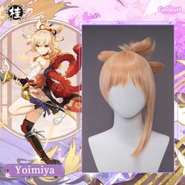 PREVENTA UWOWO Game Genshin Impact Yoimiya Cosplay peluca 25cm pelo dorado resistente al calor pelucas sintéticas Y0903