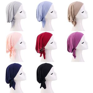 Turbante de algodón de estilo pre-lazo, turbante Simple de Color sólido, hiyab musulmán para mujeres con banda elástica, gorro suave para quimioterapia contra la pérdida de cabello