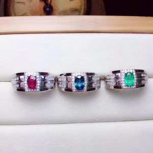 Kostbare edelsteen herenring. Emerald Ruby Sapphire. Alle 925 Sterling Silver, certificaatpakket J0112