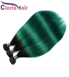 Précoloré Vert Ombre Brut Vierge Indien Trame Droite Bundles Deux Tons 1B Turquoise Armure de Cheveux Humains 3 pcs Exquis Coudre Dans Exten9599552