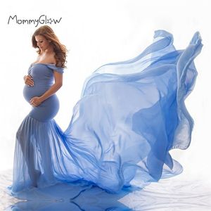 Schwangere Kleid Mutterschaft Pografie Requisiten für Shooting PO Schwangerschaft Kleidung Baumwolle + Chiffon Off Shoulder Half Circle Kleid 210721