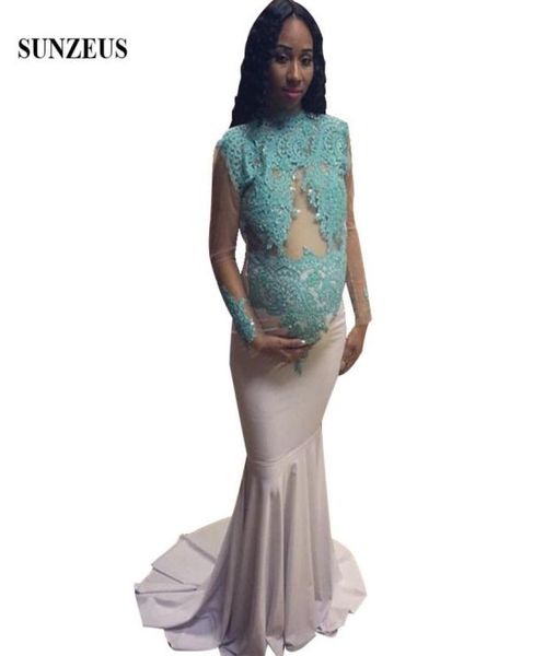 Robe de bal enceinte pour femmes sirène ivoire robes de soirée avec des Appliques de dentelle bleue pure manches longues robe de maternité Gala9124548
