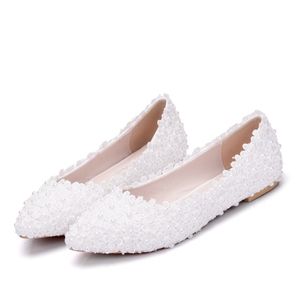 Femmes enceintes talon plat femmes chaussures bout pointu dentelle florale chaussures de mariage dames blanches fleur chaussures femmes