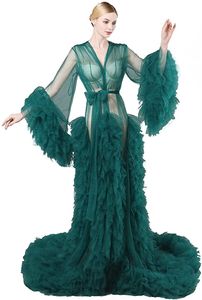 Femmes Enceintes Vert Robes De Soirée Photo Robes Pyjama Robe Sexy Col En V À Manches Longues En Dentelle Tulle Robes Personnalisé Étage Longueur Peignoir Maille Robe