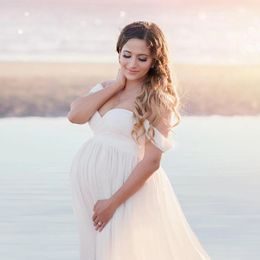 Robe en mousseline de soie à épaules dénudées pour femmes enceintes, robe longue en dentelle fendue sur le devant pour photographie, robe de séance photo, fête prénatale, robe pour femmes enceintes 240111