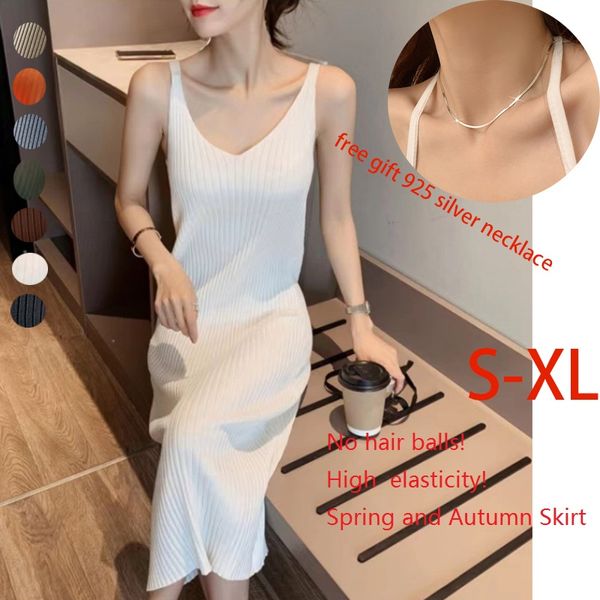 Femmes enceintes pull sans manches robe débardeur tricot mince col en V moulante Midi élasticité extensible Slim Fits cadeau gratuit colliers en argent 925