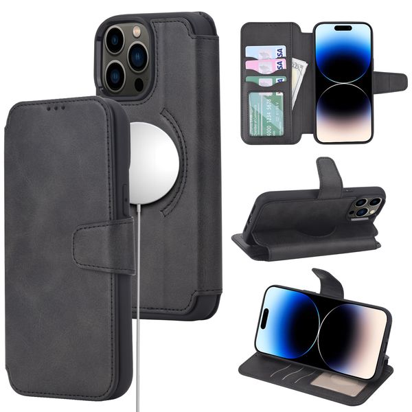 Premimu Leather Flip Folio Magnetic Phone Cases para iPhone 14 Pro Max Plus Compatible con bloqueo MagSafe RFID