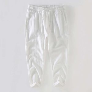 Pantalon en lin de première qualité et mince pour les hommes, pantalon blanc en lin en lin lâche et droit, pantalon recadré en lin en lin et beau coton à volants