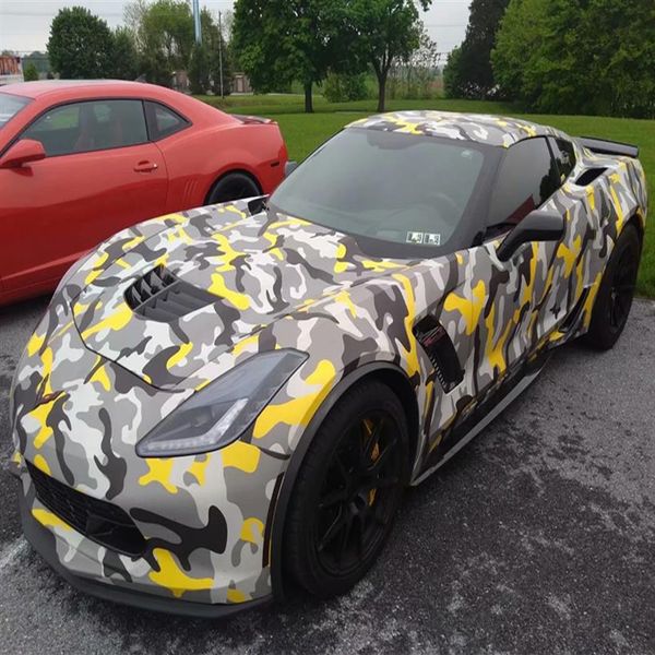 Premium noir gris jaune Camouflage vinyle Camo voiture Wrap autocollants feuille avec bulle d'air bricolage style Wrapping322D