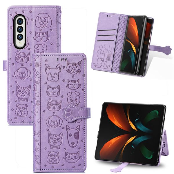 Cajones de teléfono de billetera para Samsung Galaxy Z Fold 3 Lindo gato y patrón de perros PUS PU Flip Flip Kickstand Cubre con ranuras para tarjetas