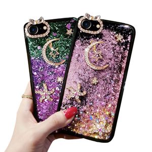 Premium Design Apple Cases Silicone Quicksand Rhinestone mobiele telefoon Case Star Moon Girls Protective Back Covers voor iPhone14 13 12 Pro Max 11 XS met polsband retail