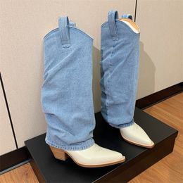 Premium designer luxe echt lederen geklede schoenen dames jeans slanke kniehoge laarzen met geplooid ontwerp
