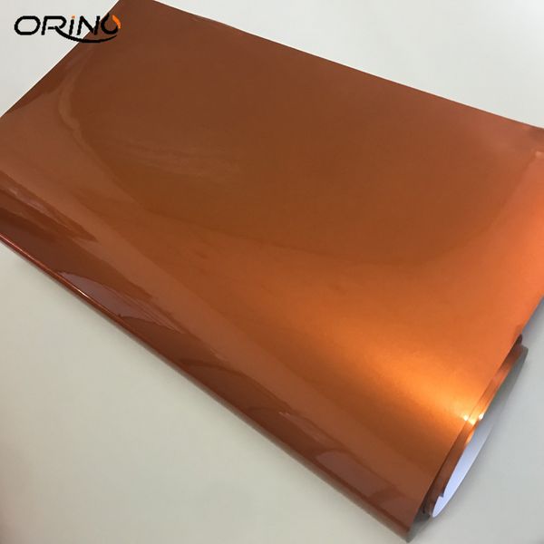 Emballage en vinyle Orange métallisé brillant de qualité supérieure, style avec bulles d'air, autocollant en vinyle métallique perlé avec bulles d'air 244c