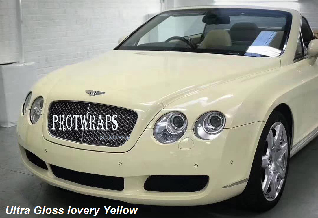Premium Ivory Yellow Ultra Gloss Vinyl Wrap Sticker Whole Shiny Car Wrapping Covering Film With Air Release Initial Low Tack Glue Self Adhesive Foil 1.52x20m 5X65ft