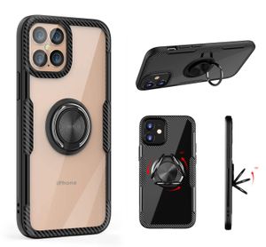 Premium Luxuxy Transparante Acryl Carbon Fiber Defemder Phone Cases voor iPhone 13 12 Mini 11 PRO MAX XR XS 8 7 Plus Samsung S21 S20 Note20 Ultra Ringkickstand Cover