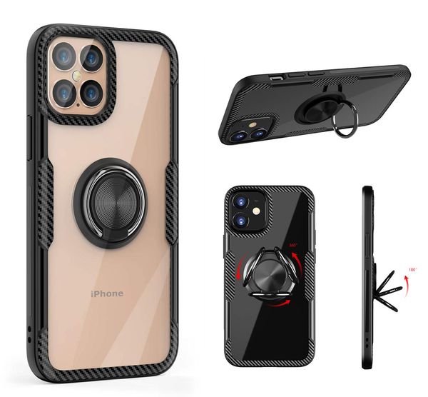 Fundas para teléfono Defemder de fibra de carbono acrílica transparente Premium Luxuxy para iPhone 13 12 mini 11 Pro Max XR XS 8 7 Plus Samsung S21 S20 Note20 Ultra ringkickstand cover