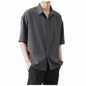 Premium Mannen Ijs Zijde Shirt Lente Zomer Dunne Luxe Losse Koreaanse Busin Shirt Solid Trendy Ruche Dra Shirt Jas B0142 J2y2 #