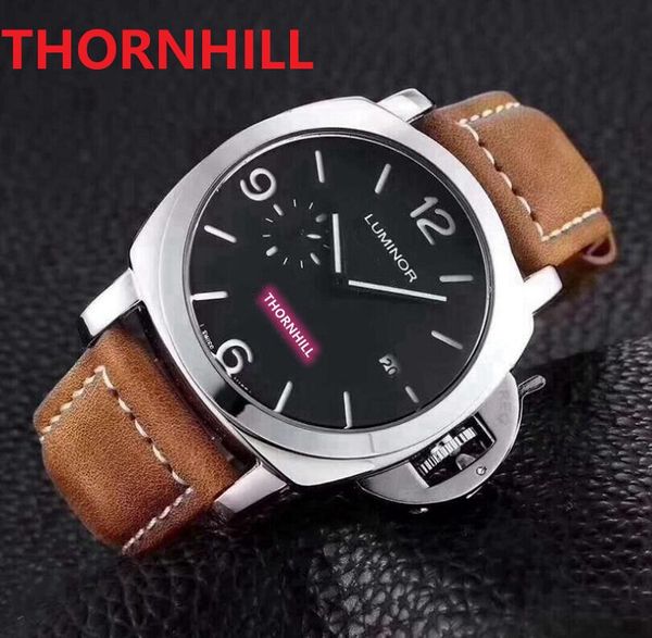 Premium Men Two Stiches Lumious Quartz Watch 46mm Sub Dial Working Black Brown Blue Leather Sapphire Glass Classic Super Big Pilot Minuit Chronomètre Montre-bracelet