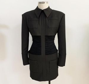 Premium nieuwe stijl topkwaliteit originele ontwerp dames039s zwarte jurk schoudervullingen slank fit pack hip schoudervullingen geplooide taille8620440
