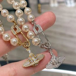 Collar con colgante de perlas y Pin de primera calidad, gargantilla de plata 925 con diamantes completos, cadena de clavícula para mujer