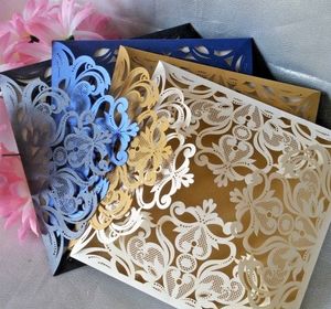 Premium -kwaliteit laser gesneden bruiloft uitnodigingen kaart inzet envelop peer ivoor blauw goud zwart