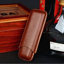 Premium qualité Portable lisse en cuir synthétique 2 Tube porte-cigare Mini humidificateur pochette de voyage boîte étui