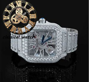 Montre squelette automatique de qualité supérieure, cadran carré VVS Moissanite, style Hip Hop, buste glacé, argent sterling