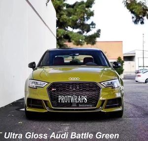 Premium Ultra Gloss Battle Green Vinyl Wrap Sticker Película de revestimiento de envoltura de automóvil brillante completa con liberación de aire Inicial Low Tack Glue Lámina autoadhesiva 1.52x20m 5X65ft