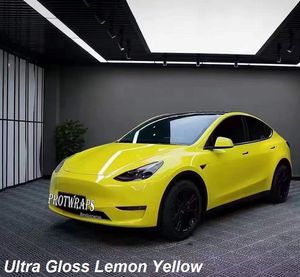 Premium Ultra Gloss Lemon Yellow Vinyl Wrap Sticker Hele glanzende auto Inpakbekleding Film met luchtafgifte Initi￫le lage tack Lijm Self Adhesive Foly 1.52x20m 5x65ft