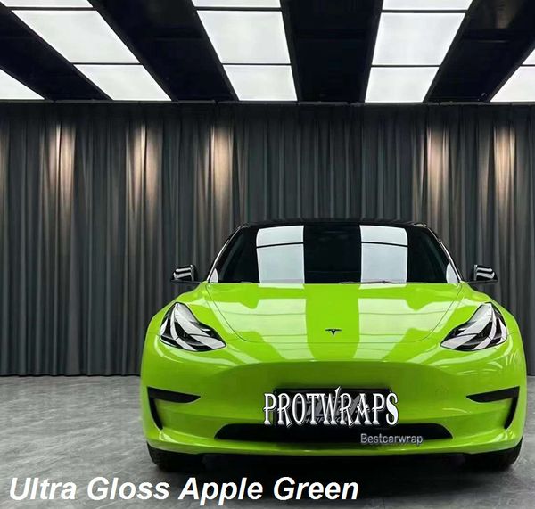 Autocollant en vinyle vert pomme ultra brillant de qualité supérieure Film de revêtement d'emballage de voiture brillant avec dégagement d'air Colle à faible adhérence initiale Feuille auto-adhésive 1,52 x 20 m 5 x 65 pi