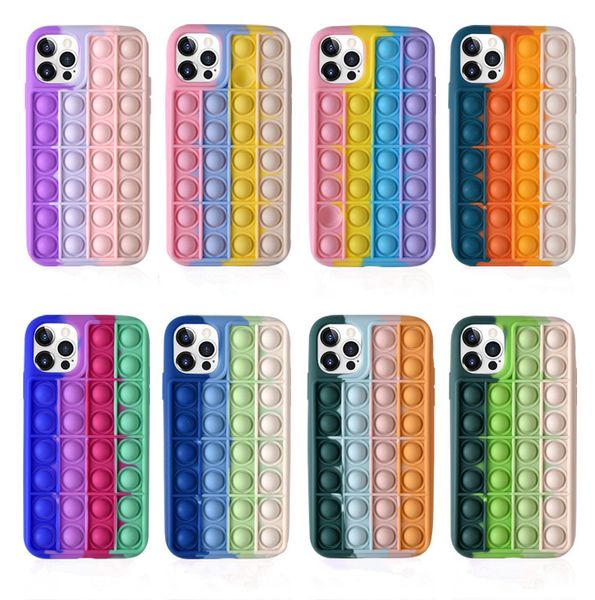 Premium Unique 3D Fidget Toys Phone Fundas de silicona Push Pop Bubble Rainbow Cellphone Volver Ansiedad Alivio Autismo Cubierta para teléfono 13 12 Mini 11 Pro Max 6 7 8 Plus XR XS X