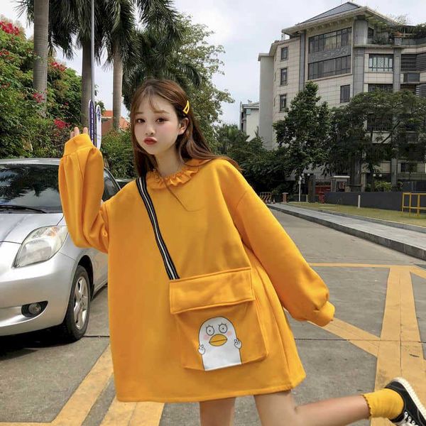 Prep hoodie mujeres Japón sudadera falda femenina coreana más terciopelo grueso suave niña ropa de invierno de longitud media bolsillo de dibujos animados 210526