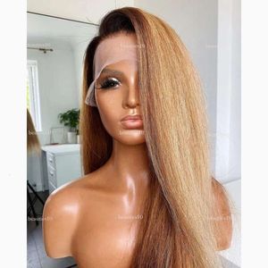 Vooraf geplukte synthetische dagelijkse feestkleding 26 inch lang zachte gluess kinky rechte 180 dichtheid ombre blonde yaki kanten voorpruik voor zwarte vrouwen met babyhaar