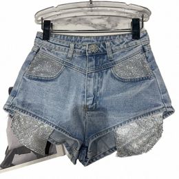 Prepomp 2023 Verano Nuevo Collecti Rhineste Bolsillos Luz Azul Denim Shorts Mujeres Slim Short Jeans GF468 t5vJ #