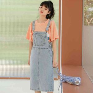 Preppy stijl verstelbare riem jeans jurken zomerzakken knielengte casual losse blauwe midi jurk Koreaanse A-lijn denim sundress 210604
