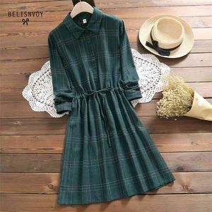 Preppy stijl herfst lente vintage blauw groen plaid shirt jurk voor vrouwen mori meisje mode lange mouw string lady sweet 210520