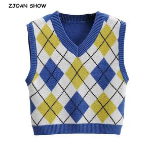 Estilo de preppy Azul Argyle Plaid Plaid Knitting Suéter Chaleco Mujeres 90 Vintage Ropa coreana en V Cultivo Top Top Top Y2K Punto de punto 210429