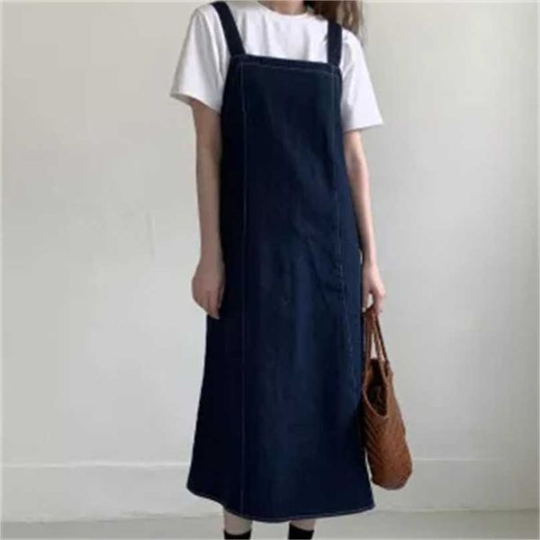 Estilo preppy Azul Casual Denim Chic Elegante Femme Loose Straight Cowboy Overoles Vestidos largos Vestidos 210525